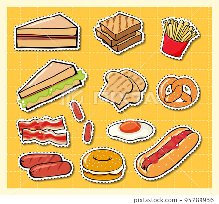 Mixed food cartoon sticker on grid background Mixed food cartoon sticker on grid background 95789936