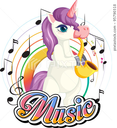 Cute purple unicorn blowing saxophone with music notes on white background Cute purple unicorn blowing saxophone with music notes on white background 95790318
