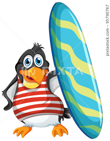 Cute penguin cartoon character holding surfboard 95790767