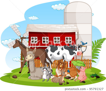 Farm scene with many animals by the barn 95791327