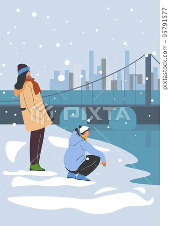 People enjoying winter lake landscape, cold frosty People enjoying winter lake landscape, cold frosty 95791577