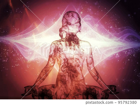 光對冥想女人剪影插圖的影響 95792380