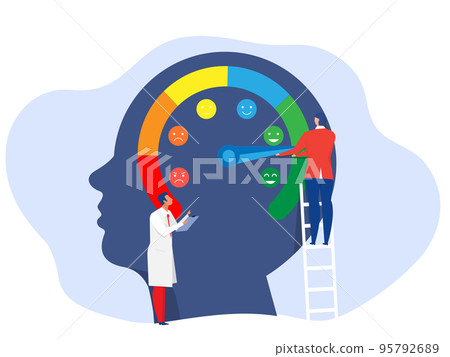 People are on the mood scale,Emotion overload, burnout and fatigue from work. Stress level meter gauge emotion stages. depression diagnosis.Mental disorder 95792689