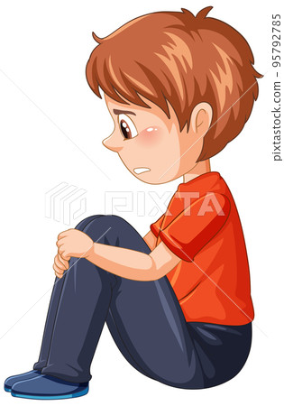 Side view of sad boy sitting carton character 95792785