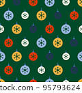 Seamless pattern with colored plain Christmas balls. Snowflake pattern. Festive flat style design for packaging and print. Vector 95793624