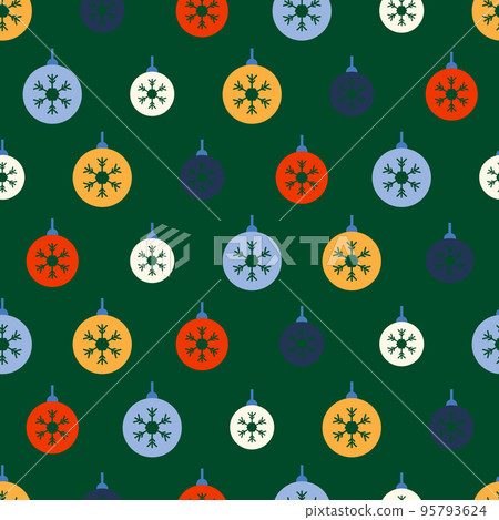 Seamless pattern with colored plain Christmas balls. Snowflake pattern. Festive flat style design for packaging and print. Vector Seamless pattern with colored plain Christmas balls. Snowflake pattern. Festive flat style design for packaging and print. Vector 95793624