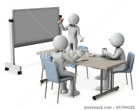 In front of a whiteboard, businessmen conduct a meeting. Meeting participants gathered around a table. In front of a whiteboard, businessmen conduct a meeting. Meeting participants gathered around a table. 95794088