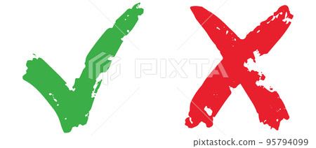 Hand drawn of Green check mark and Red cross isolated. Right and wrong icon. Vector illustration. 95794099