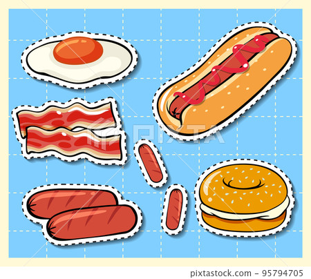 Mixed food cartoon sticker on grid background Mixed food cartoon sticker on grid background 95794705