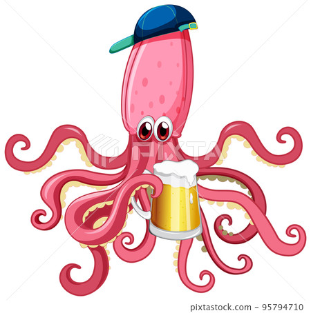 Cute octopus drinking beer wearing cap Cute octopus drinking beer wearing cap 95794710