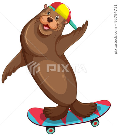 Cute sea lion play skateboard on white background Cute sea lion play skateboard on white background 95794711
