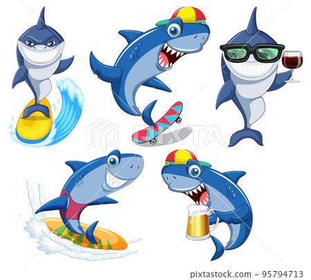 Set of summer shark cartoon character Set of summer shark cartoon character 95794713