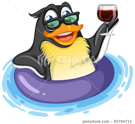 Cute penguin cartoon character wearing inflatable ring drinking wine Cute penguin cartoon character wearing inflatable ring drinking wine 95794715