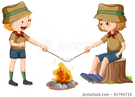 Camping children roasting marshmallow 95794716
