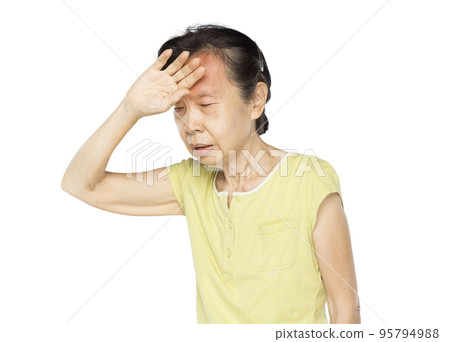 old asian woman feel sick and fever 95794988
