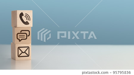 Website and Internet contact us page concept with phone, chat, email, icons. symbol telephone, mail, and mobile phone. Website page contact us. wide web banner, copy space, blue background 95795836