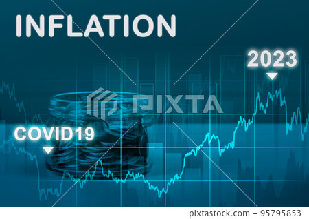 inflation on dark blue background. economic crisis caused by covid19 pandemic. hyperinflation 2022 2023 on dark blue background. decreasing purchasing power 95795853