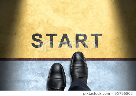 Start Line. Start background, Top view of Businessman with shoes is standing next to line and word Start, Business Challenge or do something new Start Line. Start background, Top view of Businessman with shoes is standing next to line and word Start, Business Challenge or do something new 95796803