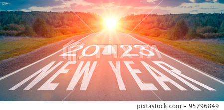 2023 new year road. Empty asphalt road and New year 2023 concept. New year 2023 on asphalt highway. business strategy, opportunity, hope and new life change. 95796849