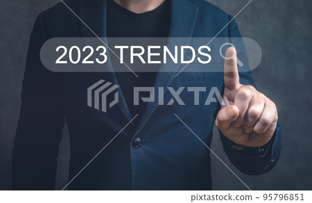2023 Trands. Businessman hand pushing virtual search bar. Businessman hand touching to search engine browser icon to input and finding new business trends 95796851