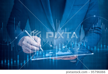 Businessman using tablet analyzing sales data and economic growth graph chart. Business strategy. Digital marketing. Solution analysis and development contents on global network connection. 95796866