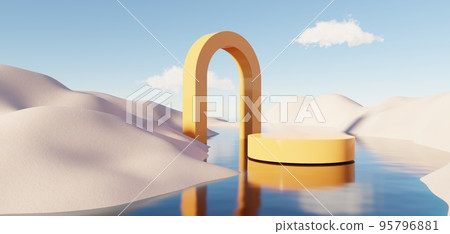 Abstract Dune cliff sand with metallic Podium stand platform. Surreal Desert natural landscape background. Scene of Desert with glossy metallic arches geometric design. 3D Render. Abstract Dune cliff sand with metallic Podium stand platform. Surreal Desert natural landscape background. Scene of Desert with glossy metallic arches geometric design. 3D Render. 95796881