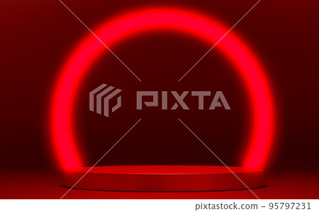 Podium for product placement with red ring lamp and contemporary design. minimal scene for mock up and showing brand. Pedestal platform for cosmetic advertise. Podium for product placement with red ring lamp and contemporary design. minimal scene for mock up and showing brand. Pedestal platform for cosmetic advertise. 95797231
