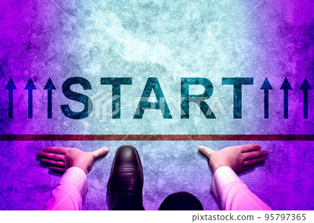 Top view of Man on Start line. bright colored background for start line, new business, startup and new beginnings Top view of Man on Start line. bright colored background for start line, new business, startup and new beginnings 95797365