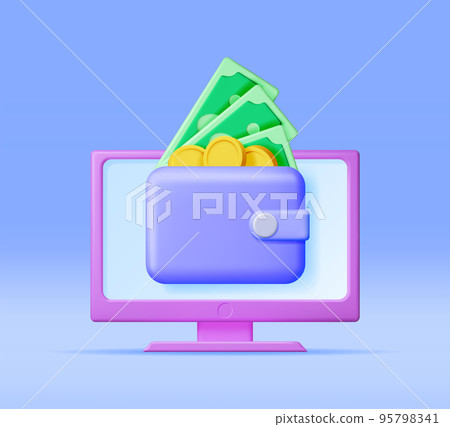 3D Computer and Wallet with Money Isolated 95798341