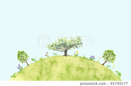 山上有一棵大樹和鮮花的風景，背景是藍天，水彩畫 95799177