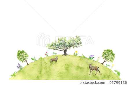 Landscape with deer relaxing with large trees and flowers on the hill painted by watercolor 95799186