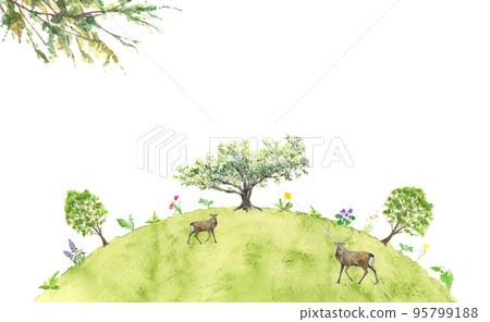 Landscape with deer relaxing with large trees and flowers on the hill painted by watercolor 95799188