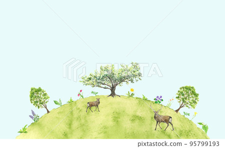 Landscape with blue sky, large trees and flowers on the hill, and relaxing deer drawn by watercolor 95799193
