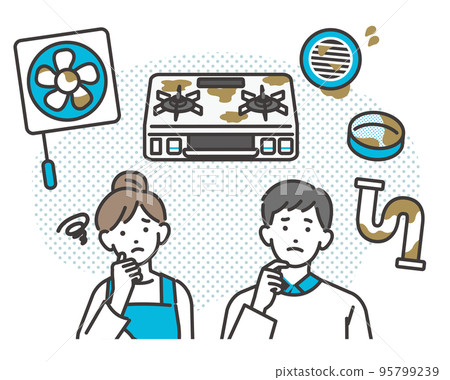 Vector illustration material about couples who suffer from kitchen troubles such as ventilation fans, gas stoves, and dirty drains 95799239