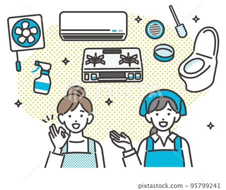 一位家庭主婦和一位家政代理,他們很高興通風機、燃氣灶、排水管等是乾淨的 向量例證 一位家庭主婦和一位家政代理,他們很高興通風機、燃氣灶、排水管等是乾淨的 向量例證 95799241