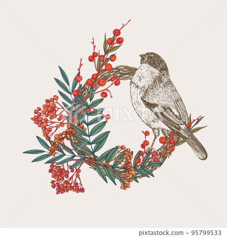 Hand-drawn sketch autumn floristic wreath with bird, rowan berries, branches, leaves in engraving style. Vintage door decor Wedding graphic frame Hello, fall. Thanksgiving retro Vector Hand-drawn sketch autumn floristic wreath with bird, rowan berries, branches, leaves in engraving style. Vintage door decor Wedding graphic frame Hello, fall. Thanksgiving retro Vector 95799533