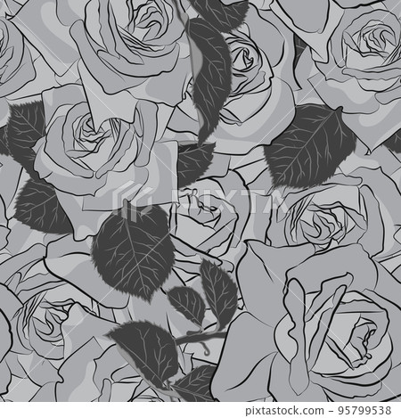 Beautiful black, gray and white rose flower, seamless pattern. Botanical hand drawn silhouette. Flat stylization color Beautiful black, gray and white rose flower, seamless pattern. Botanical hand drawn silhouette. Flat stylization color 95799538