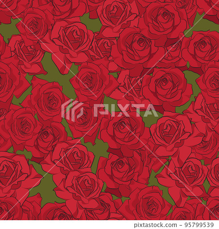 Beautiful red rose seamless pattern. Botanical silhouette of flower. Flat stylization color Beautiful red rose seamless pattern. Botanical silhouette of flower. Flat stylization color 95799539