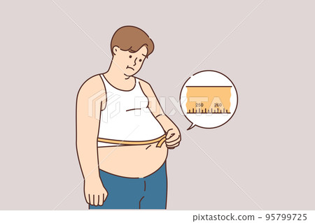 Unhappy fat man measure belly with tape  95799725