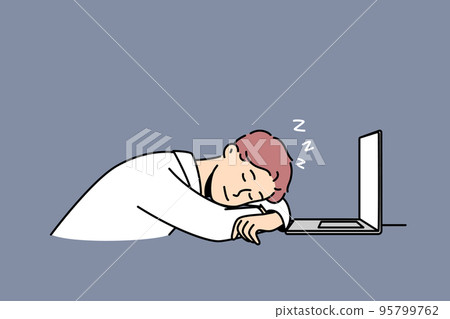 Tired man fall asleep at workplace  95799762