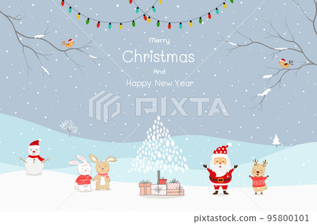 Party in the winter with Santa Claus and funny cartoon forest animals for Christmas or new year decorative,poster,banner and other winter events 95800101