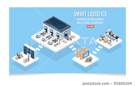 3D isometric Smart logistics concept with Warehouse Logistic, Workers loading products, transportation truck use wireless technoloty. Eps10 vector illustration 3D isometric Smart logistics concept with Warehouse Logistic, Workers loading products, transportation truck use wireless technoloty. Eps10 vector illustration 95800204
