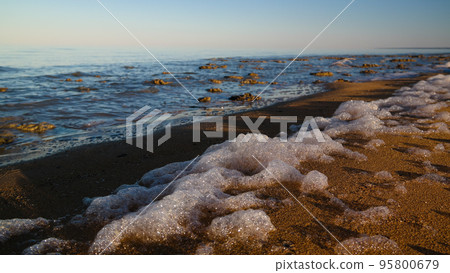 Sea foam at the beach of the Aral Sea near Aktumsuk cape at sunset, Karakalpakstan, Uzbekistan Sea foam at the beach of the Aral Sea near Aktumsuk cape at sunset, Karakalpakstan, Uzbekistan 95800679