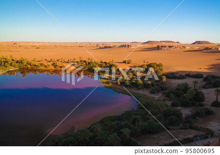 Sunset aerial Panoramic view to Yoa lake group of Ounianga kebir lakes at the Ennedi, Chad 95800695