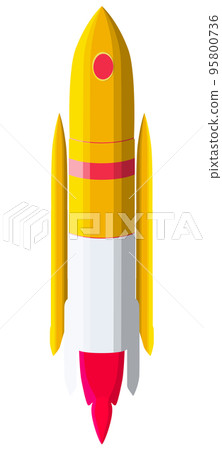 Cartoon spaceship with yellow hull and red flames isolated on white. Design element. Cartoon spaceship with yellow hull and red flames isolated on white. Design element. 95800736