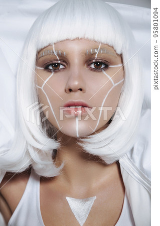 Woman avatar having virtual reality experience. Augmented reality game, future technology, VR. 95801094