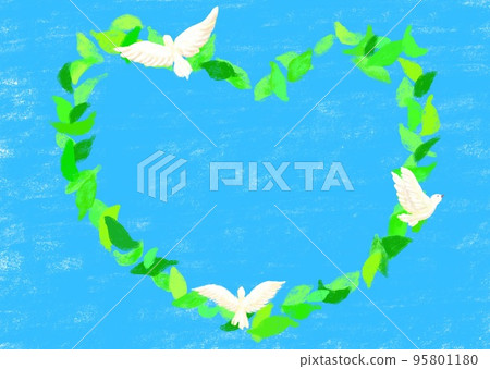 Pastel style frame material with white doves on heart-shaped leaves 95801180