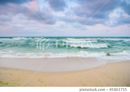 sandy beach before the storm. evening scenery with heavy clouds in colorful light. turquoise waves rushing on the shore. windy weather sandy beach before the storm. evening scenery with heavy clouds in colorful light. turquoise waves rushing on the shore. windy weather 95801735