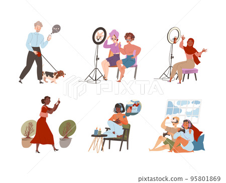 Young people using modern devices set. Men and women communicating, gaming, making selfie, broadcasting live video vector illustration 95801869