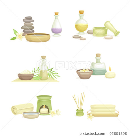 Spa elements set. Aromatic reed diffuser, burning candles, stone pebbles, towels. Aromatherapy and skin care vector illustration 95801898